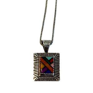 Vintage QT Sterling Silver Inlaid Multi Stone Pendant Necklace Art to Wear 18"